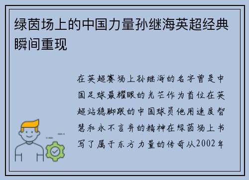 绿茵场上的中国力量孙继海英超经典瞬间重现