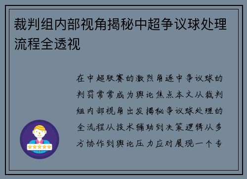 裁判组内部视角揭秘中超争议球处理流程全透视